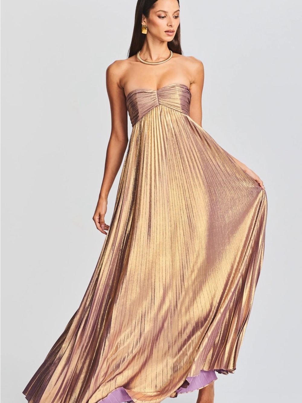 Retrofete Strapless Metallic Pleated Maxi Dress in Rose Gold